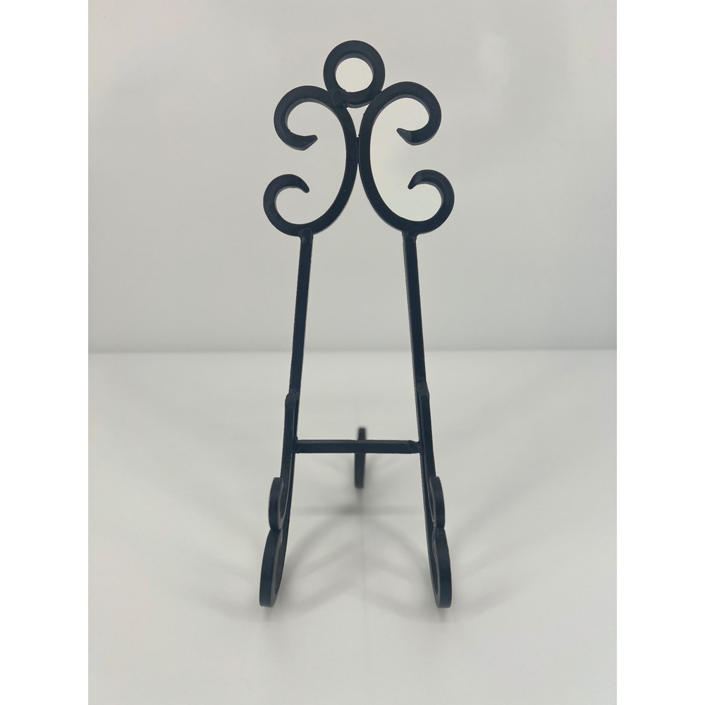Black Wrought Iron Tabletop Display Easel Plate Stand 14" Scrollwork Accent
